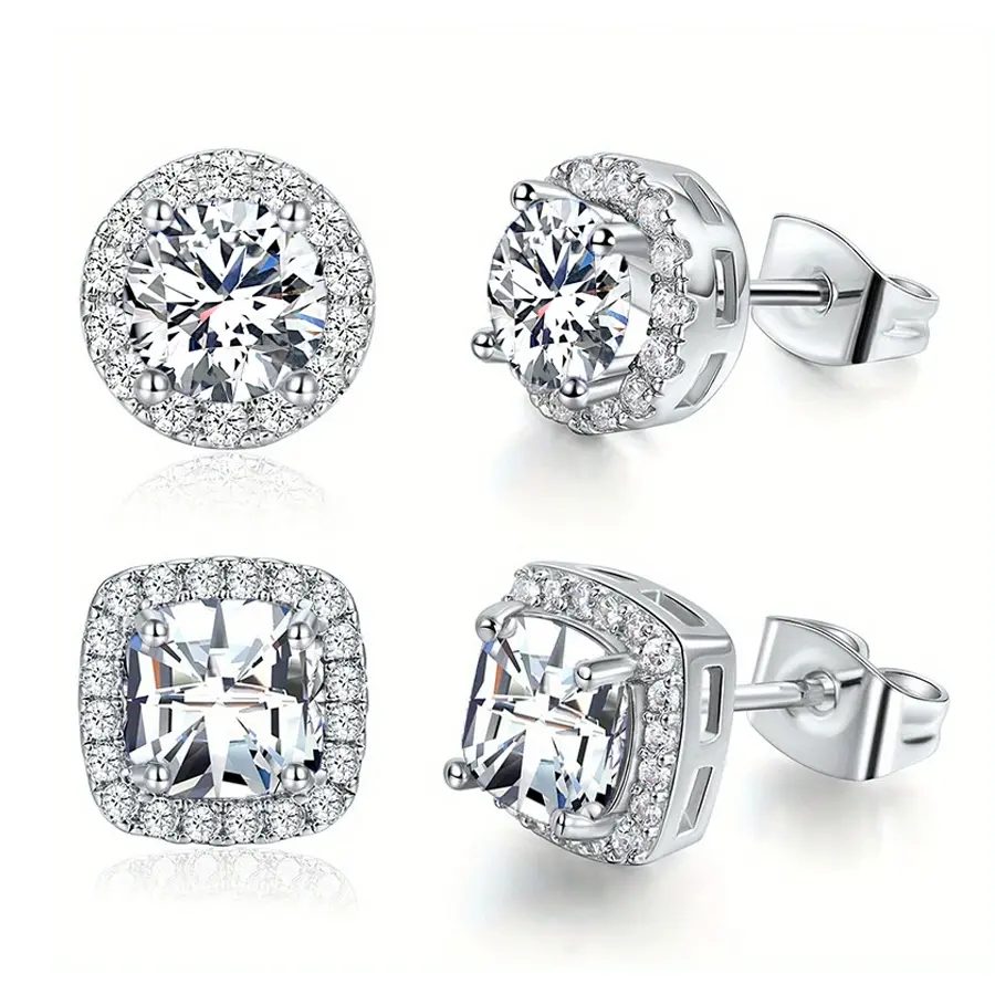 2 pair Earring Men and Women Features VVS - cut round and square gemstone earrings.18K Gold Plated Set .These delicate, elegant and stylish accessories are for pierced ears.Christmas gifts