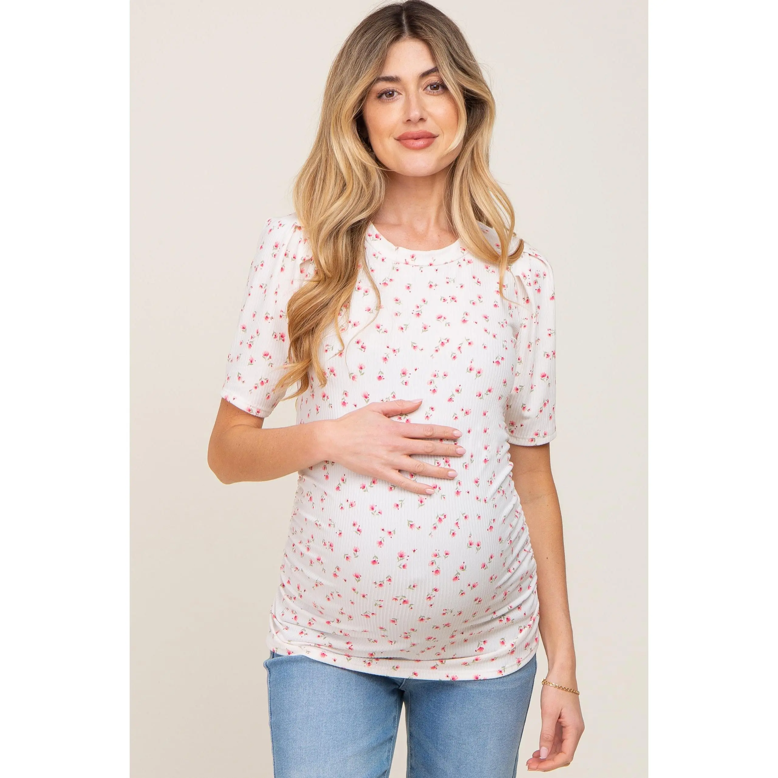 Ivory Floral Side Ruched Maternity Short Sleeve Top