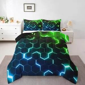 Feelyou Honeycomb Boys Comforter Set - Neon Green Blue Microfiber Down Comforter, Abstract Geometric Pattern Bedding Set with Hexagon Beehive Design, Microfiber Bedding
