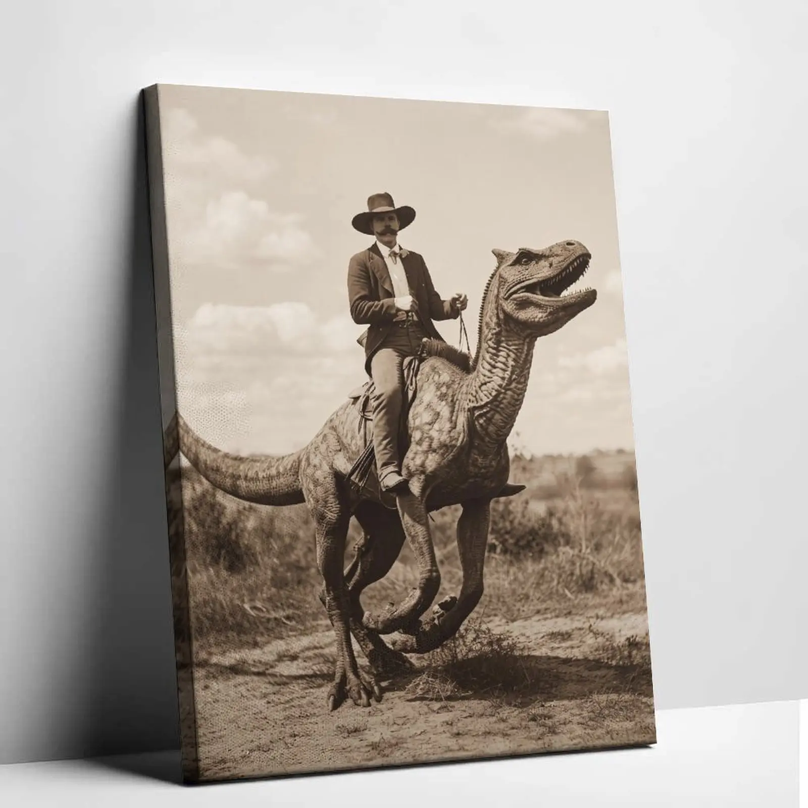 Vintage Art Dinosaur CowboyVintage PhotographyWestern Jurassic Wall DecorCowboy Riding DinosaurGothic Art Print UniqueWestern Fantasy Poster forHome Decor