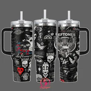 Deftones Music Band Stainless Steel Insulated Travel Tumbler With Handle 20oz 40oz Alternative Metal Fan Gift Wrap Design 40oz Tumbler