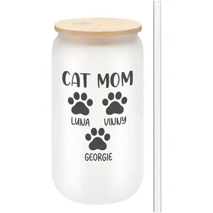 On The Rox Drinks Personalized Cat Mom Gifts For Women - Custom 16oz Frosted Beer Can Glass With Cat Names - Cat Mom Gifts for Mother’s Day, Birthday Gift for Fur Mama - 1PC With Bamboo Lid And Straw