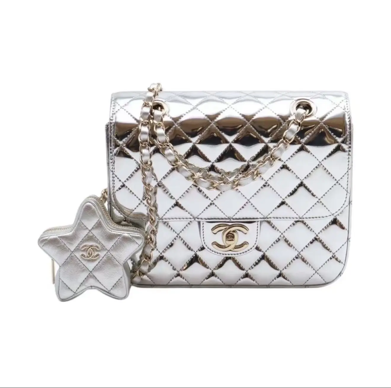 Pre-owned CHANEL 24C Silver Mirror Finish Star Charm Backpack Chip Version, Style 23896059, Quilted Backpack, Boho Quilted Bag