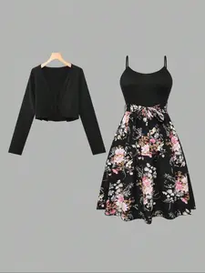 【Plus Size】 Floral Print Two-piece Set, Casual Fashion Cozy Top & Long Dress for Daily Outdoor Wear, Women Plus Clothing for Summer, Lady Suits, Womenswear