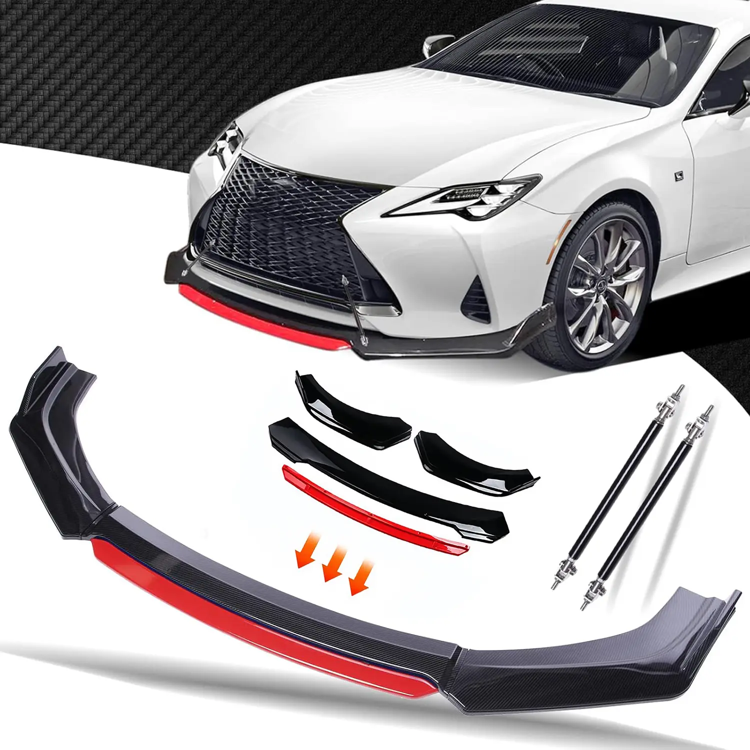 4pcs Set Universal Front Bumper Lip Chin Spoiler Splitter Diffuser Wing Protector Trim Sticker Car Body Kit Strut Rods Fits for Honda, Audi,Ford,BMW,Honda,Volkswagen,Chevrolet,Civic,Benz,Mazda,GMC Nissan,Toyota, Mitsubishi,Durango, Dodge Charger SRT