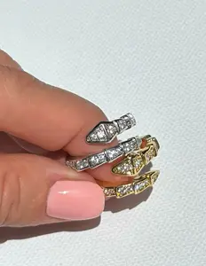 Diamond Gold Snake Ring, Snake Shaped Ring, Sterling Silver Ring for Women, Minimalist Stacking Ring, Adjustable, Handmade, Gift for Her