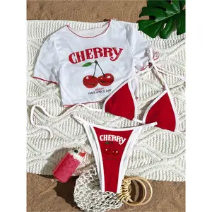 Women's 2026 Limited Edition 3-Pieces Polyester Tankini Swimsuits, Fashionable Beach Tankini Set - Halter Neck Top, High-Cut Briefs, Cherry & Letter Print, Beimu Nuan Targeted Plan, Aeropostale Zuki Swimwear
