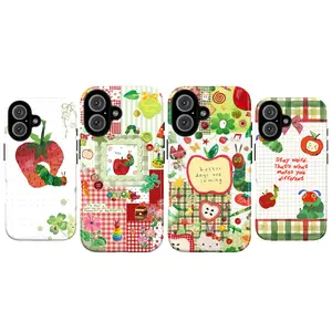Very Hungry Caterpillar Aesthetic Phone Case – Retro Apple Strawberry Gingham Scrapbook Cottagecore Pattern Cover for iPhone 17 16 15 14 13 12 11 Pro Max X XS & Samsung Galaxy S21–S25 Plus Ultra | Whimsical Nostalgic Gift for Her & Book Lovers