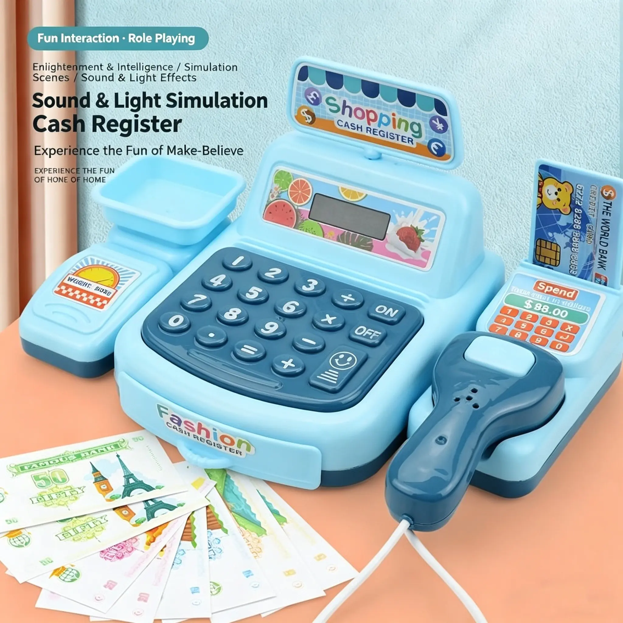 1Pc Kids Pretend Play Cash Register Toy With Light Sound Shopping Supermarket Checkout Counter Role Play Educational Learning Toy For Boys Girls Parent Child Fun Interaction Interactive Gift