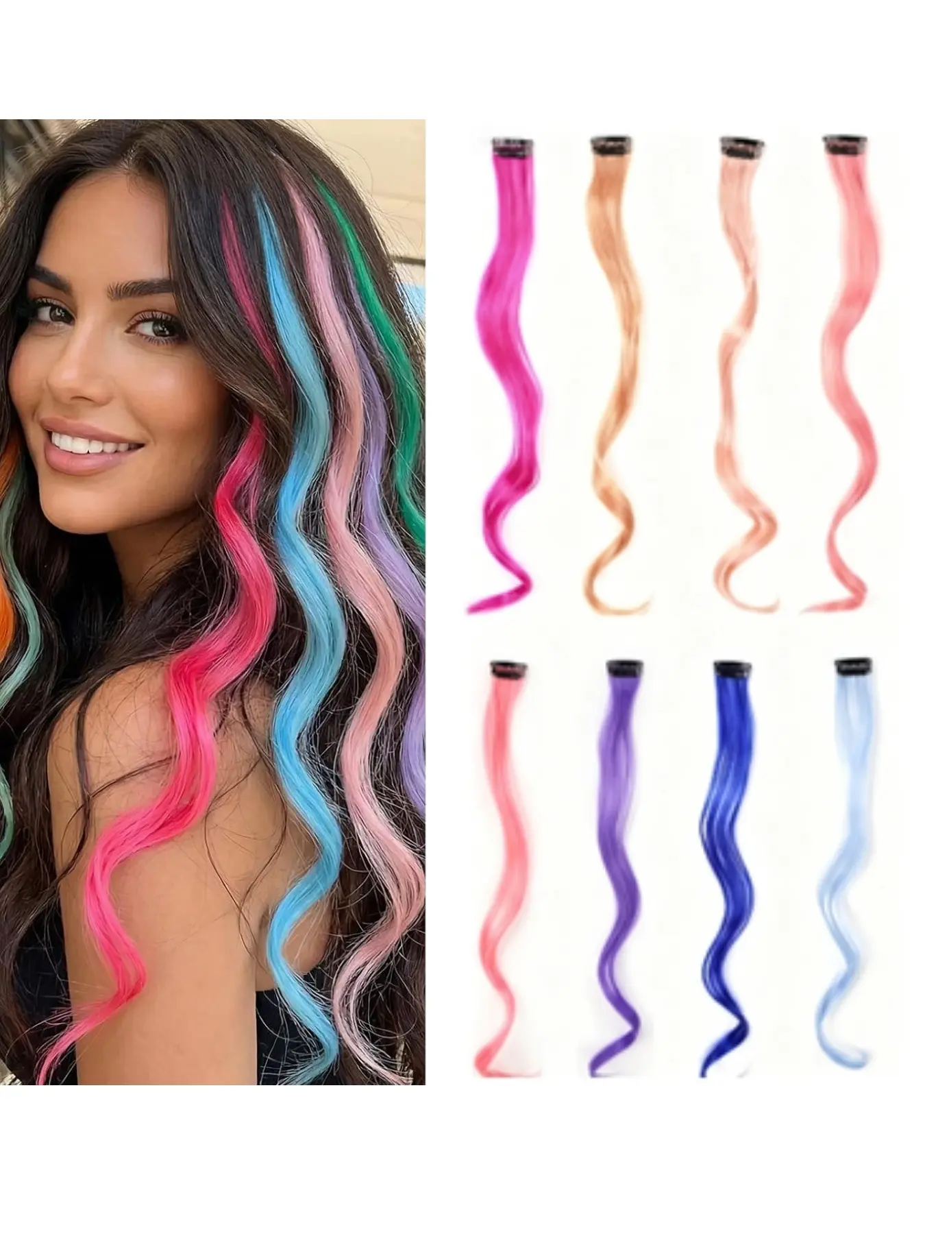 8-Piece 18-Inch Dyed Hair Extensions, Colorful Curly Clip-In Hair Pieces, Braided Ponytail Attachments, Seamless Hair Bundles