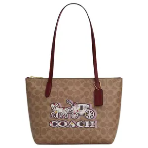 Coach Fiona 24 Tote Bag for Women – Logo-Zip Closure, Signature Coated Canvas, Medium Size, Tan