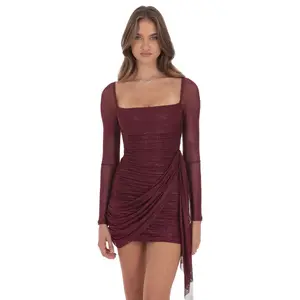 Foil Mesh Long Sleeve Tassel Dress in Burgundy