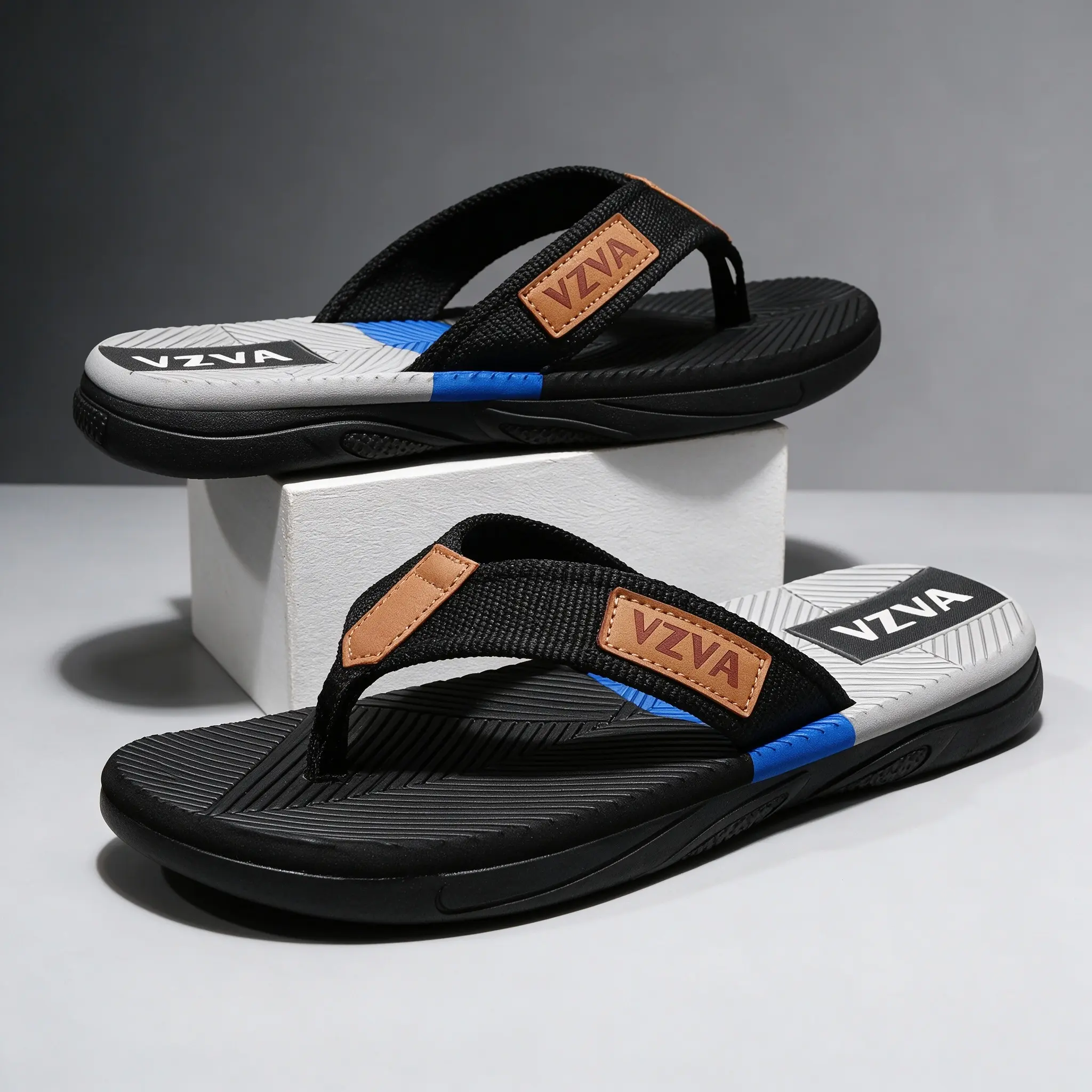 Men's Arch Support Flip Flops - Footwear with Colorblock Design, Non-Slip Black Straps, Chic Style, Lightweight Comfort for Casual Beach & Outdoor Walking, Colorblock Design Sandals