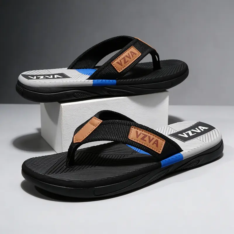 Men's Color Block Arch Support Flip Flops - Footwear with Full-Size Fit, Anti-Slip Strap, EVA Patchwork Thong, Flat Heel, Non-Slip Rubber Outsole, Lightweight Webbing Strap, Flexible Sole, Beach Casual Shoes, Walking Shoes, Party Sandals