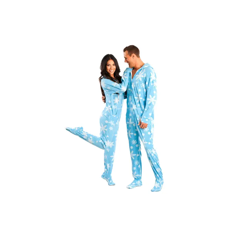 Blue Frosty Snowflakes Adult Footed Onesie Pajamas