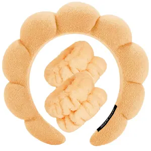 Headbands for Washing Face Wristband Set Sponge Makeup Skincare Headband Wrist Towels Bubble Soft Terry Towel Cloth Hairband for Women Puffy Headwear Non Slip Thick Thin Hair Headwear (Orange)