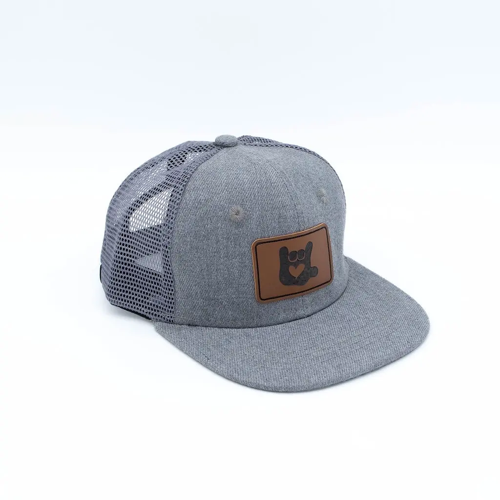 Toddler SnapBack hat by Sawyer Bear. “I loved you” in ASL on the front leather patch. All grey with mesh back. 48 cm fits 6 months to 3 years.