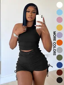 Women's Solid Color Zipper Ruched Shorts Two-piece Set, Casual Round Neck Crop Tank Top & Drawstring Side Shorts Set, Ladies Summer Clothes, Womenswear