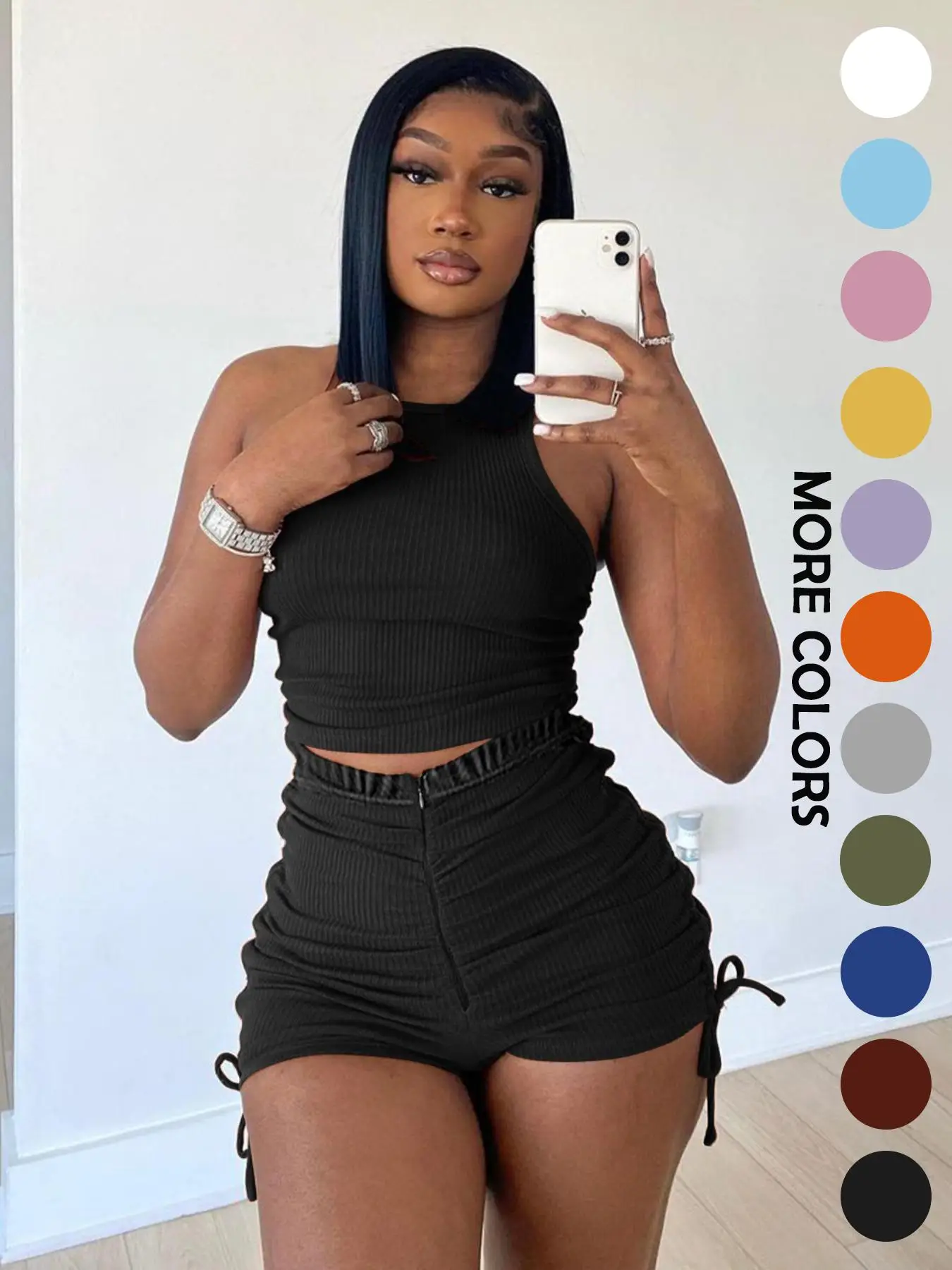 Women's Solid Color Zipper Ruched Shorts Two-piece Set, Casual Round Neck Crop Tank Top & Drawstring Side Shorts Set, Ladies Summer Clothes, Womenswea