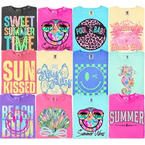 Summer Vibes Graphic T-Shirt Collection – Colorful Beach Aesthetic Tee, Cute Trendy Women’s Summer Shirt, Pool Babe Sunshine Beach Club Tee, Retro Smiley Ocean Shell Vacation Outfit