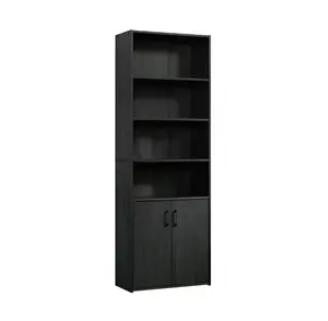 Traditional 5 Shelf Bookcase with Doors Black Finish Modern Storage Solution for Home Office