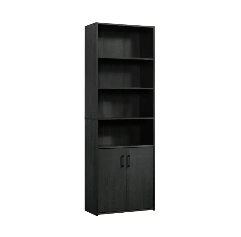 Traditional 5 Shelf Bookcase with Doors Black Finish Modern Storage Solution for Home Office