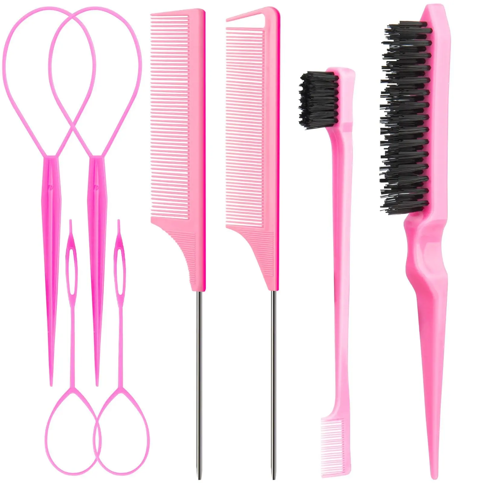 8Pcs Hair Styling Combs Set Include 4Pcs Topsy Hair Tail Tools 2 Styles of Rat Tail Comb,1Pcs Bristle Teasing Slick Back hair Brush,1Pcs Edge Control Brush,Eyebrow Brush for Woman Girl Pink