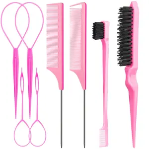 8Pcs Hair Styling Combs Set Include 4Pcs Topsy Hair Tail Tools 2 Styles of Rat Tail Comb,1Pcs Bristle Teasing Slick Back hair Brush,1Pcs Edge Control Brush,Eyebrow Brush for Woman Girl Pink