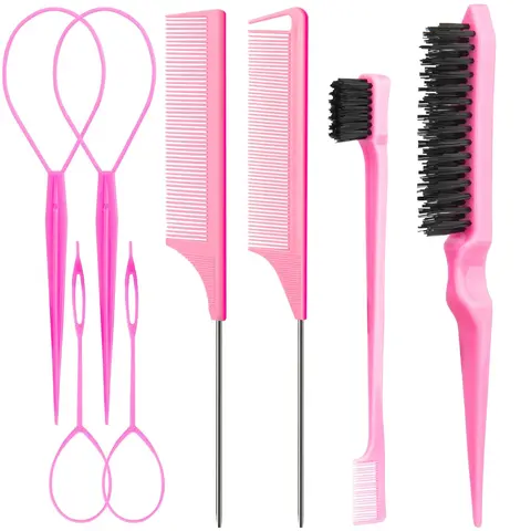 8Pcs Hair Styling Combs Set Include 4Pcs Topsy Hair Tail Tools 2 Styles of Rat Tail Comb,1Pcs Bristle Teasing Slick Back hair Brush,1Pcs Edge Control Brush,Eyebrow Brush for Woman Girl Pink