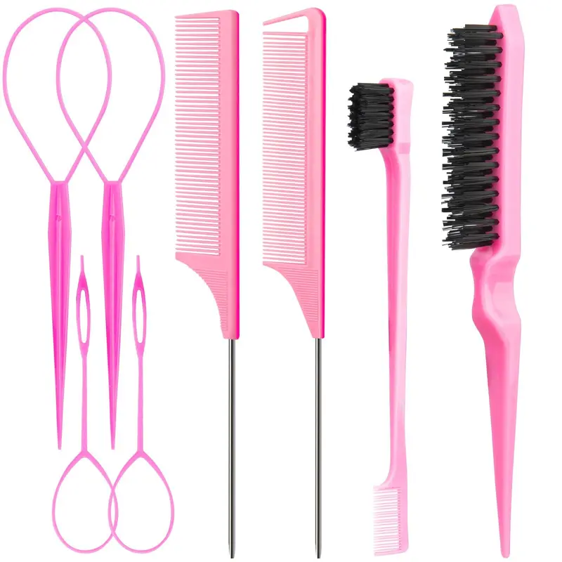 8Pcs Hair Styling Combs Set Include 4Pcs Topsy Hair Tail Tools 2 Styles of Rat Tail Comb,1Pcs Bristle Teasing Slick Back hair Brush,1Pcs Edge Control Brush,Eyebrow Brush for Woman Girl Pink
