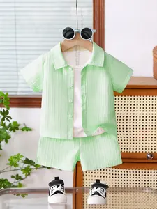 Boys' Summer Set, Breathable Lightweight Short Sleeve Shirt & Shorts, Korean Style Casual Wear for Ages 1-5