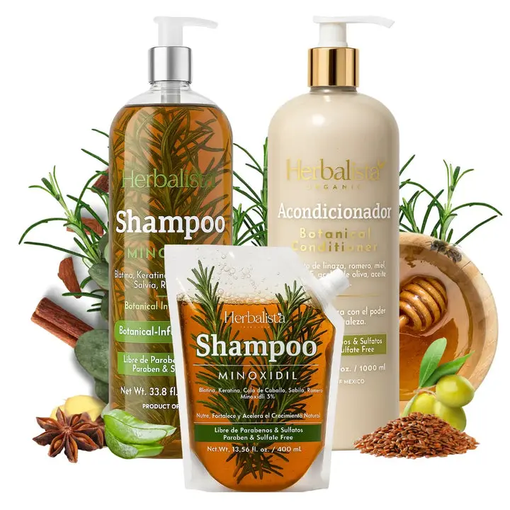 Herbalista Minoxidil Hair Care Bundle Shampoo & Conditioner 33.8 fl oz (1000ml) Each + Travel Pouch 400ml 3-Pack
