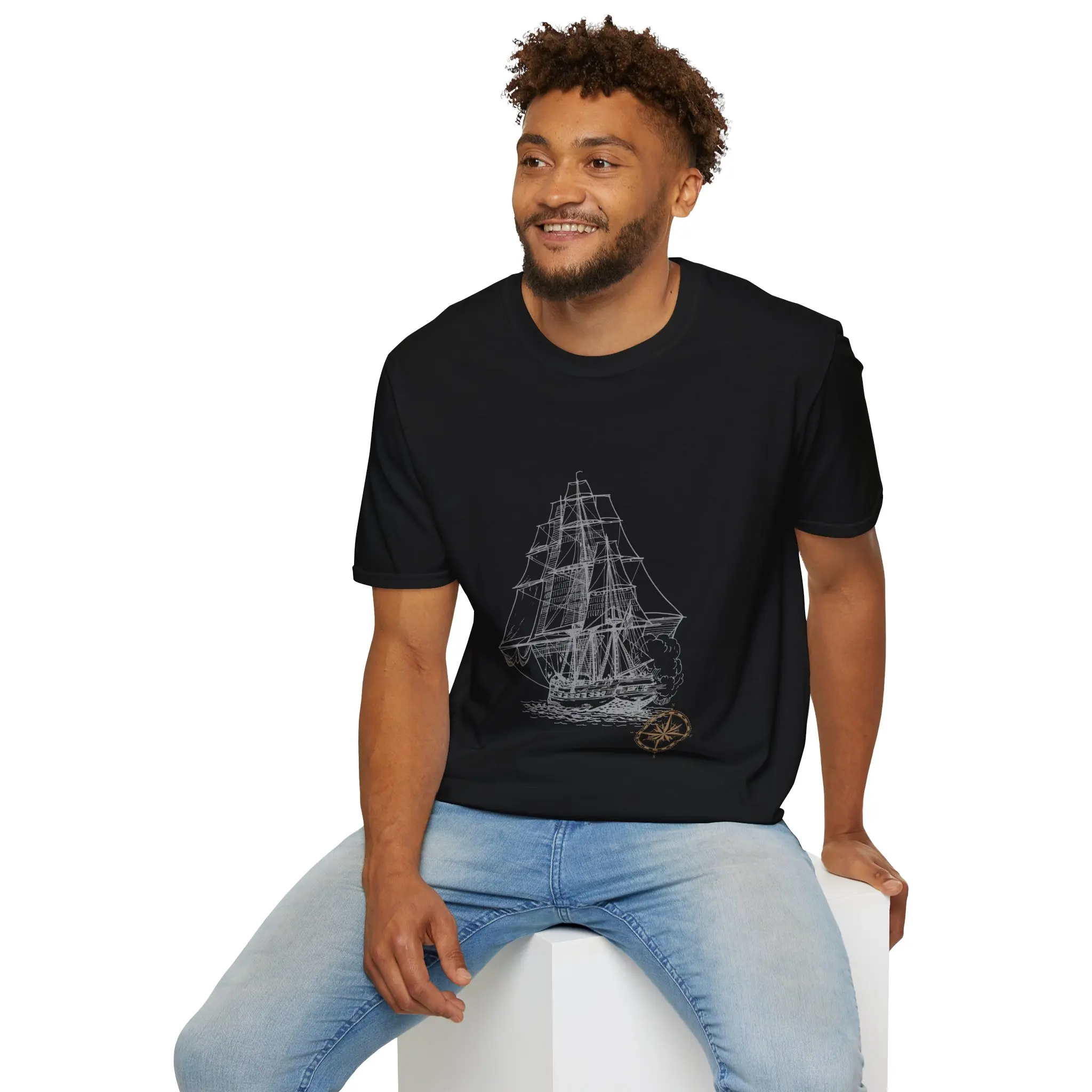 Tall Ship Sailing Sketch T-Shirt | Nautical Compass Illustration, Tshirt, Top