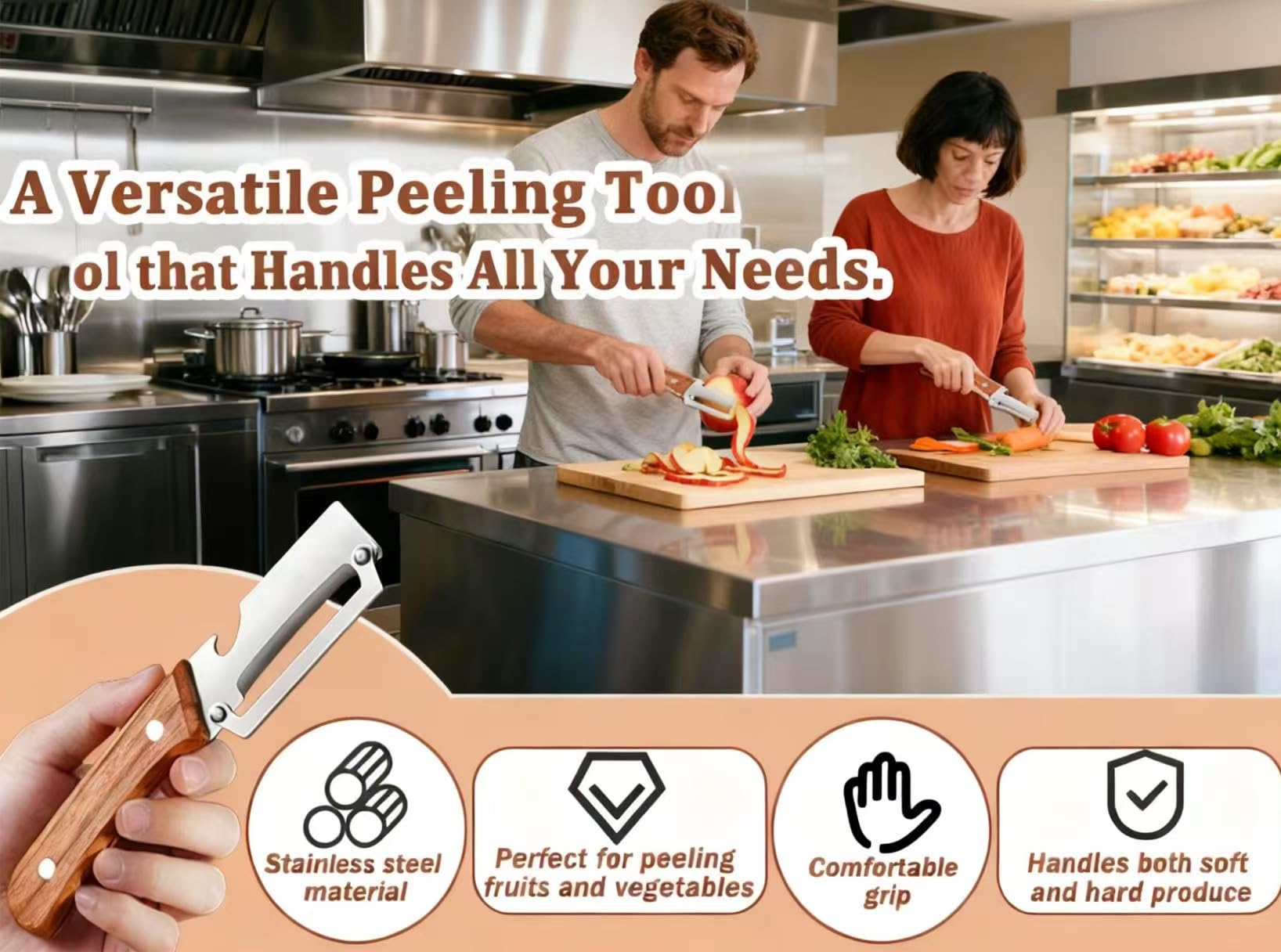 Wooden-Handled Stainless Steel Sharp Peeler with Built-In Bottle Opener for Fruits & Vegetables Ergonomic Non-Slip Handle Long-Lasting Construction Essential Kitchen Tool