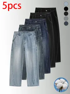 5 Pack Men's Loose Fit Straight Casual Denim Jeans,Unisex Versatile Trouser,Plain Vintage Pants,striped patchwork design,For Daily Wear,Commute,For Fall Menswear,available in 5 pack & 4 pack & 1-pack options,Please place an order according to size chart
