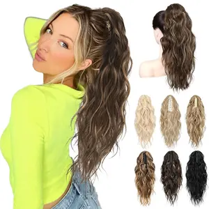 Ponytail Extension, 18" Wavy Claw Clip Ponytail Extensions ZJ001 Curly Wavy Claw Clip in Ponytail Hair Extensions Synthetic  Pony tails Hairpieces-Deep Brown with Dirty Blonde
