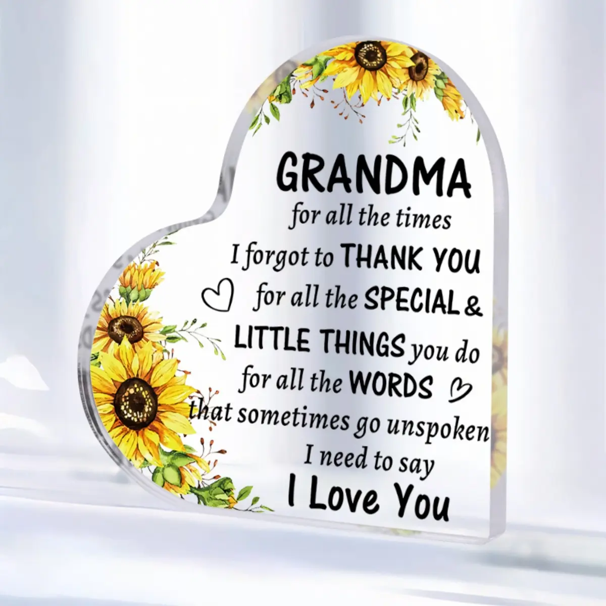 Heart-Shaped Crystal Acrylic Decorative Sunflower Gift for Grandma, Perfect Grandkids' Gift for Nana, Ideal for Grandma's Day & Mother's Day, Acrylic Plaque Sign