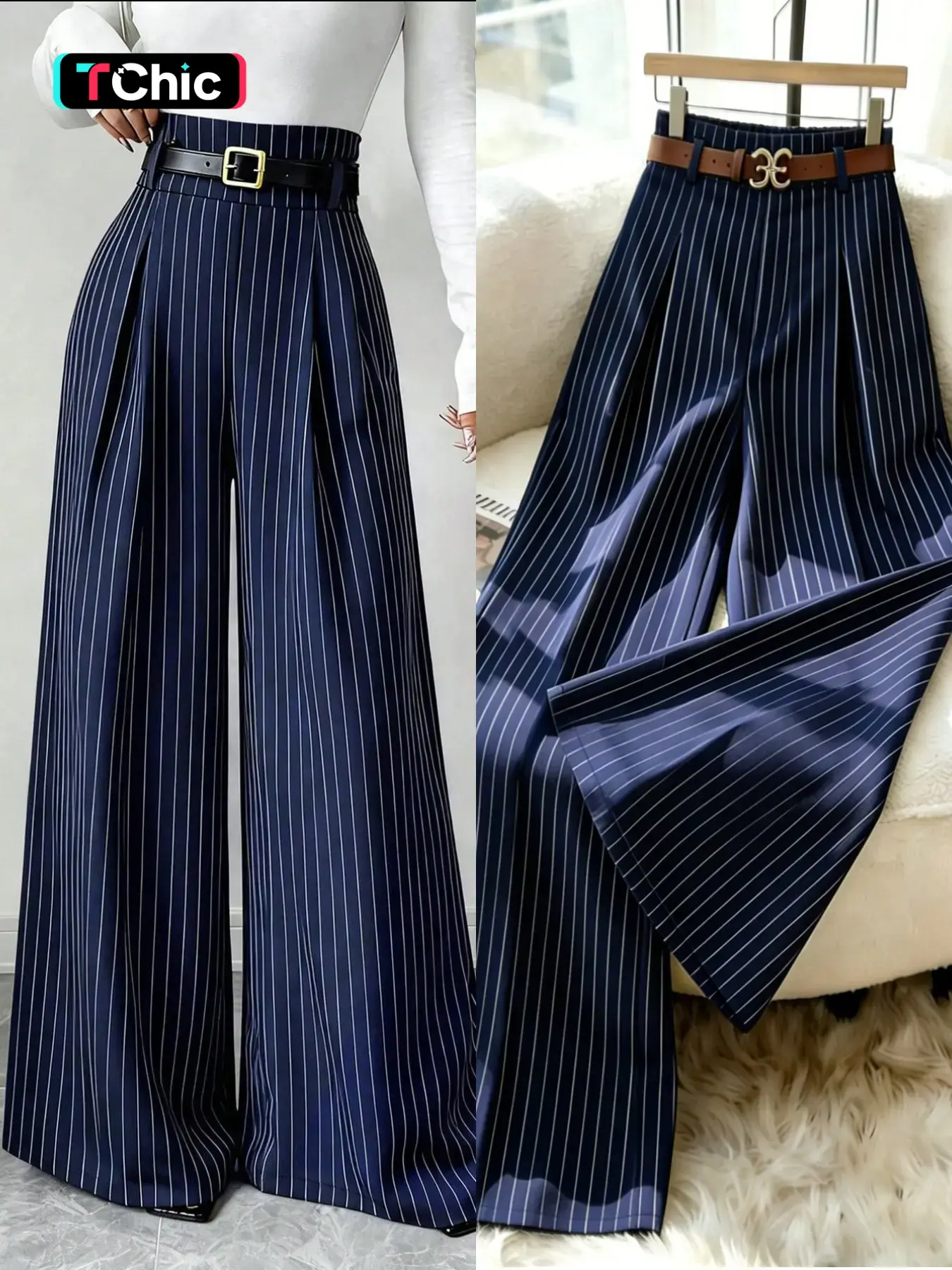 Women's New Navy Striped Suit Pants, High Waist Elegant Fashion, Elastic Waist Straight Leg Loose Wide Leg Pants, Casual Daily Commute, Casual Summer Bottoms