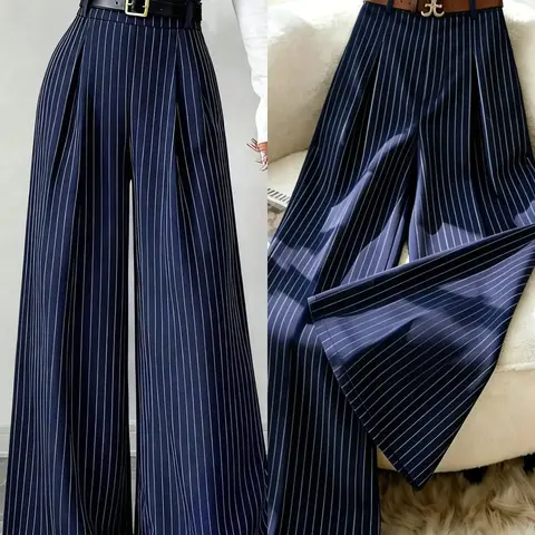 Women's New Navy Striped Suit Pants, High Waist Elegant Fashion, Elastic Waist Straight Leg Loose Wide Leg Pants, Casual Daily Commute, Casual Summer Bottoms, Classy Casual Trousers, All Season Trousers