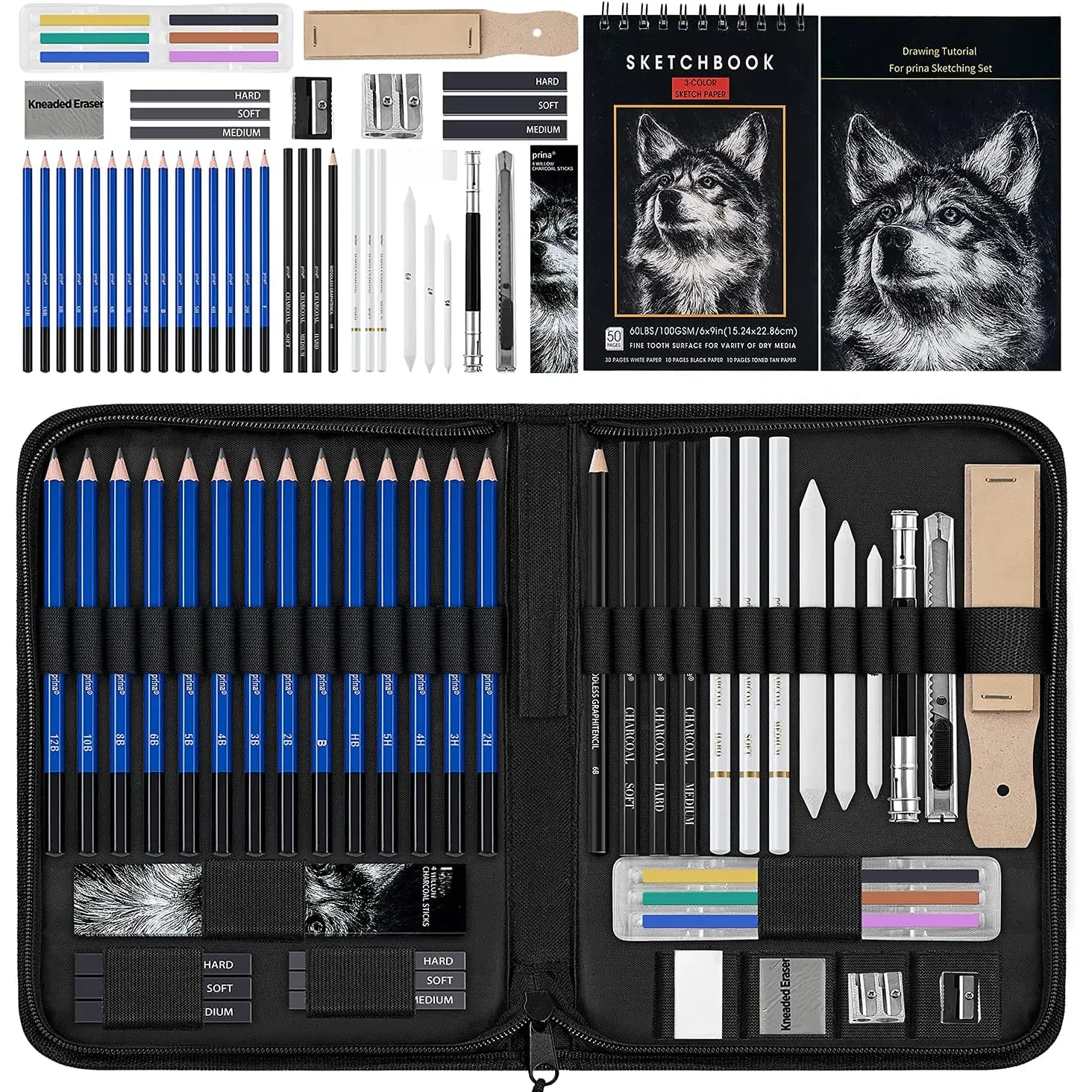 50-Pack Drawing Set Sketch Kit for Beginners, Adults & Art Students - 6x9 Inches 3-Color Sketchbook, Graphite Lead Pencils, Charcoal Pencils, 1 Kneaded Eraser, 1 Sandpaper Block, Office Stationery for Shading & Blending (Great Birthday Gift)