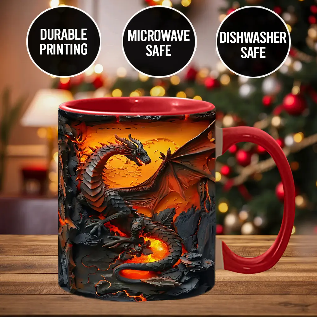 Classic 2D Sublimation Fire Dragon Ceramic Coffee Mug - Stylish Lava Dragon Print Accent Cup, Reusable Beverage Drinkware (drg7077)