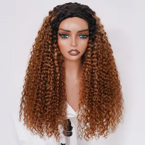 [Wear Go Half Wig] Water Wave Glueless Ombre Brown Color 3 In 1 Half Wig With Black Roots Natural Blend Wear Go Half Wig With Drawstring Invisible Hairline