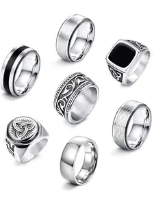 7 Pcs Polished Silvery Stainless Steel Ring Pack for Women Men Unisex Stainless Steel Assorted Design Matte Brushed Dual-Tone Black Stripe Square Onyx Signet Antique Floral Swirl Engraved Trinity Knot Symbol Sleek Plain Band for Stacking Gothic Streetwear