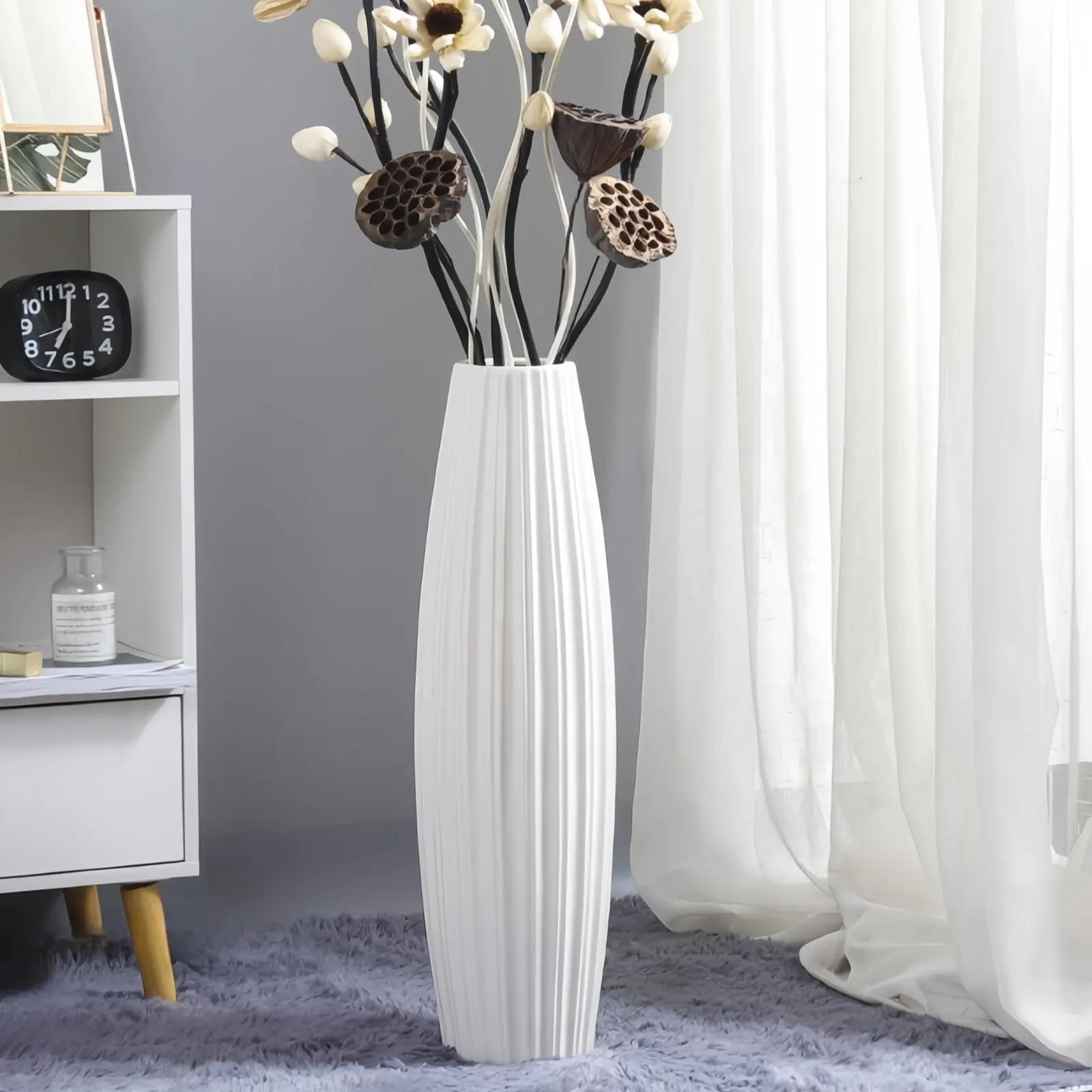 White Ceramic High Floor Vase, Handcrafted Modern Minimalist Pottery, Rustic Multi-Functional Home Decor for Pampas Grass/Indoors Living Room Entryway Farmhouse Styling with Faux/Dried Florals
