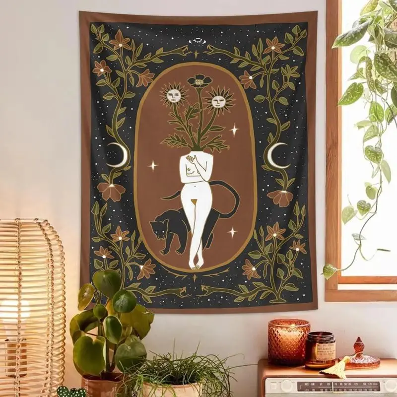 Fantasy Graphic Polyester Witchcraft Tapestry - Moon Phase, Tarot Card, Moon Flower, Leopard Designs, Home Room Decor Artwork Backdrop, Gift for Adults & Friends (Living Room, Bedroom), Wall Decor