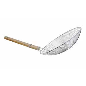 11-1/2" Stainless Steel Wire Skimmer Kitchen Cookware Spider Strainer Skimmer Utensils Wood Draining Wooden
