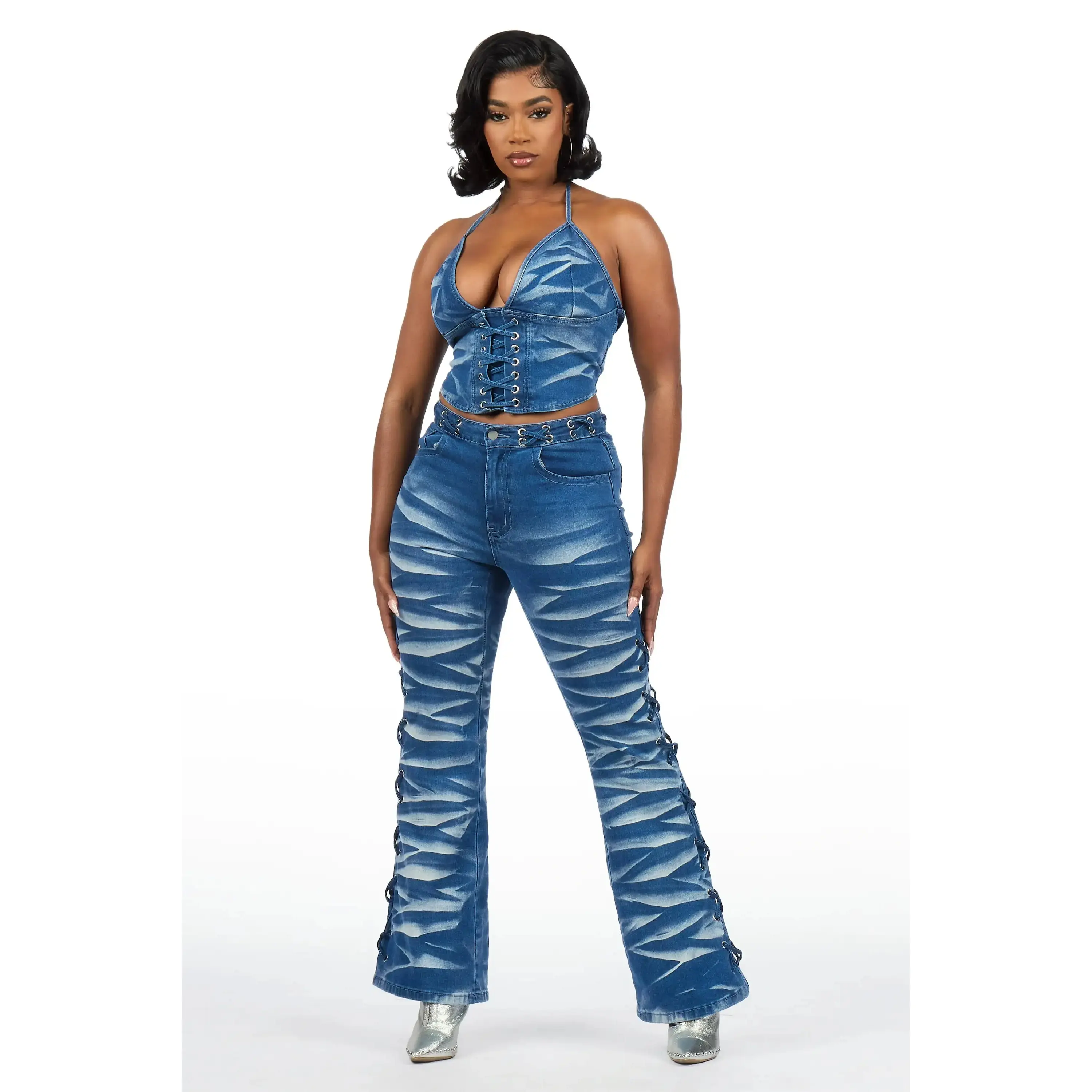 Suleah Blue Lace Up Denim Set