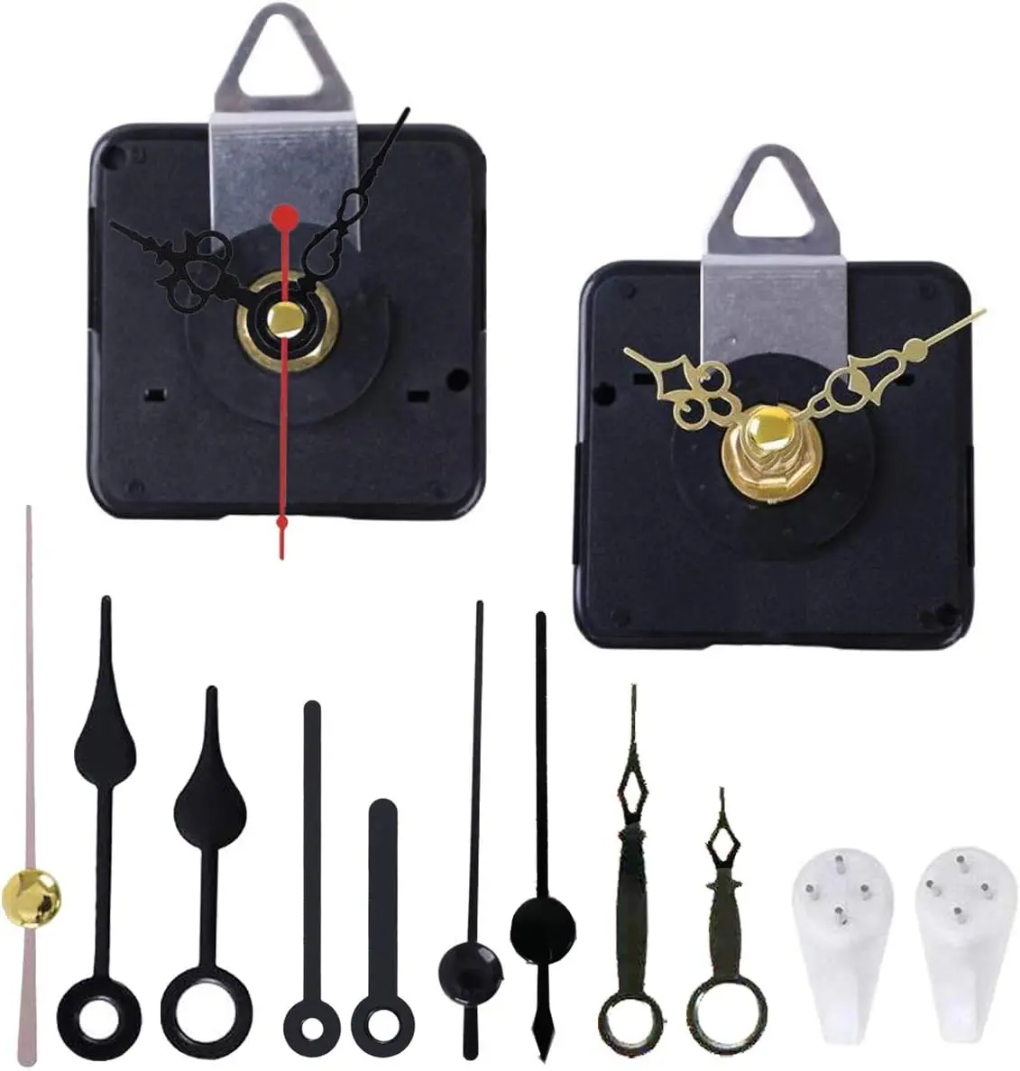 DIY Craft Clock Repair Kits - 2-Pack Non-Ticking Quartz Motor Miniature Wall Clock Movements, 5 Pairs Short Hands, 1.5V AA Battery Operated Aluminum-Plastic Parts, Easy Assembly, 5/32in Max Dial Thickness, 1/2in Shaft Length, 56x56x17mm for Cross-Stitch