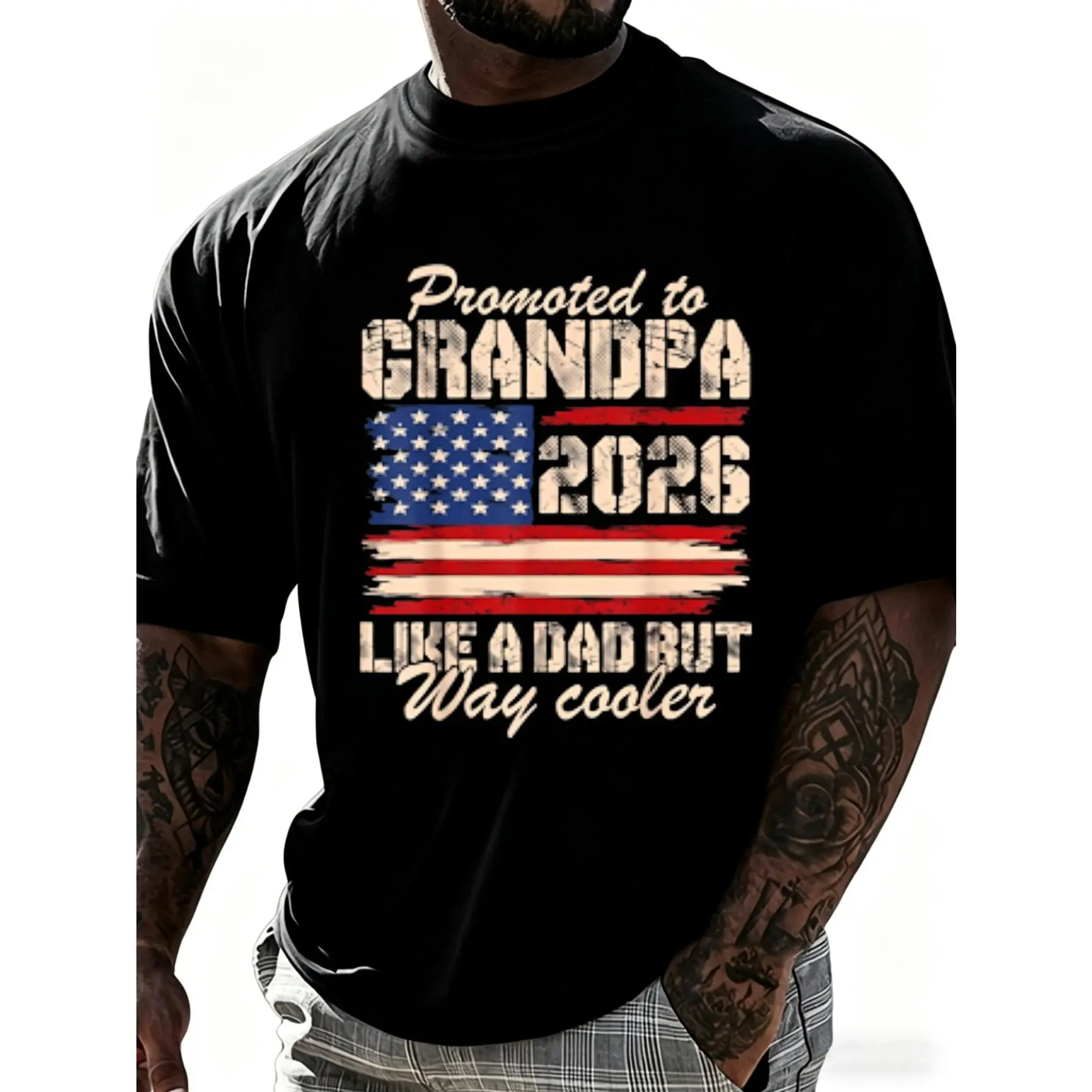Men's Promoted to Grandpa Est 2026 Graphic T-Shirt, 100% Cotton Short Sleeve Tee with US Flag Print for New Grandads, Tshirt