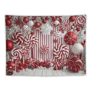 Christmas Candy Wonderland Tapestry Red and White Spiral Lollipops and Colorful Candies Pure Red and White Christmas Balls and Snowflake Patterns Light - colored Wooden Wall Warm Red and White Theme with Silver Gloss Festive and Cozy